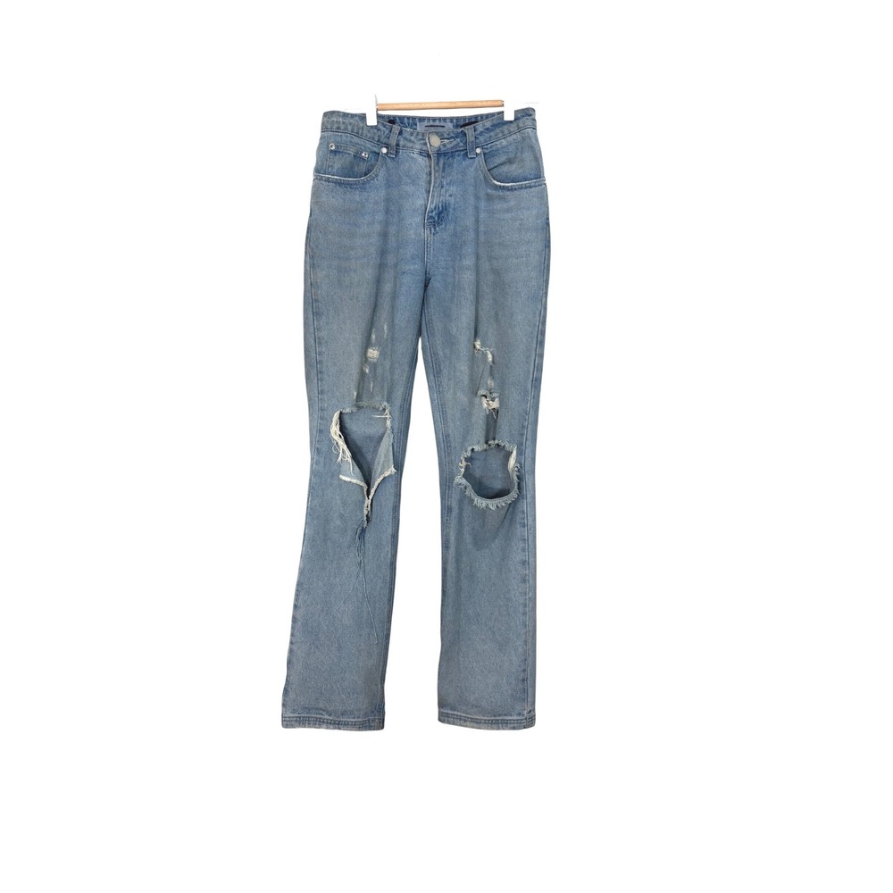 Maniere De Voir Distressed Straight Leg Jeans Light Wash Blue Denim US 4 UK 8